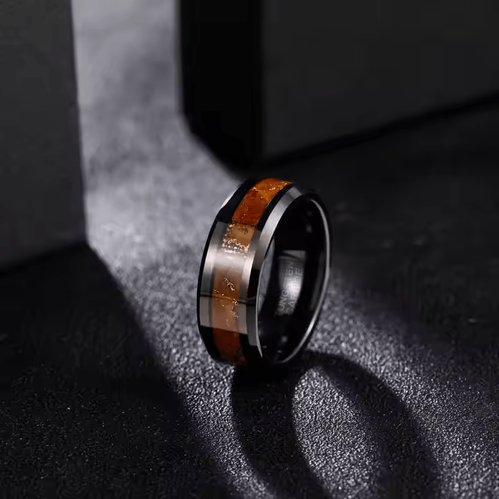 Fashion Male Jewelry 8mm Black Wood Gold Leaf Silk Inlay Tungsten Carbide Rings for Men Wedding Gift