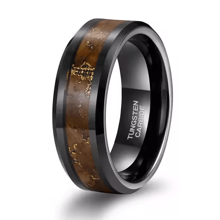 Fashion Male Jewelry 8mm Black Wood Gold Leaf Silk Inlay Tungsten Carbide Rings for Men Wedding Gift