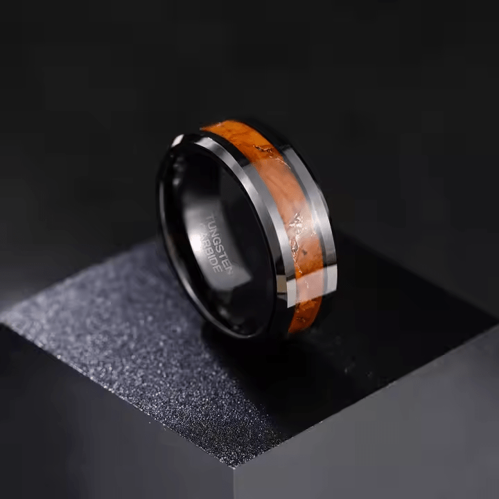 Fashion Male Jewelry 8mm Black Wood Gold Leaf Silk Inlay Tungsten Carbide Rings for Men Wedding Gift