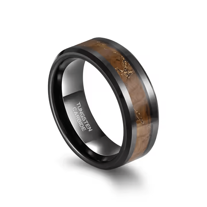 Fashion Male Jewelry 8mm Black Wood Gold Leaf Silk Inlay Tungsten Carbide Rings for Men Wedding Gift