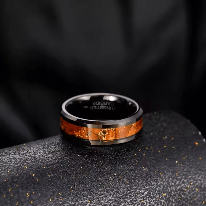 Fashion Male Jewelry 8mm Black Wood Gold Leaf Silk Inlay Tungsten Carbide Rings for Men Wedding Gift