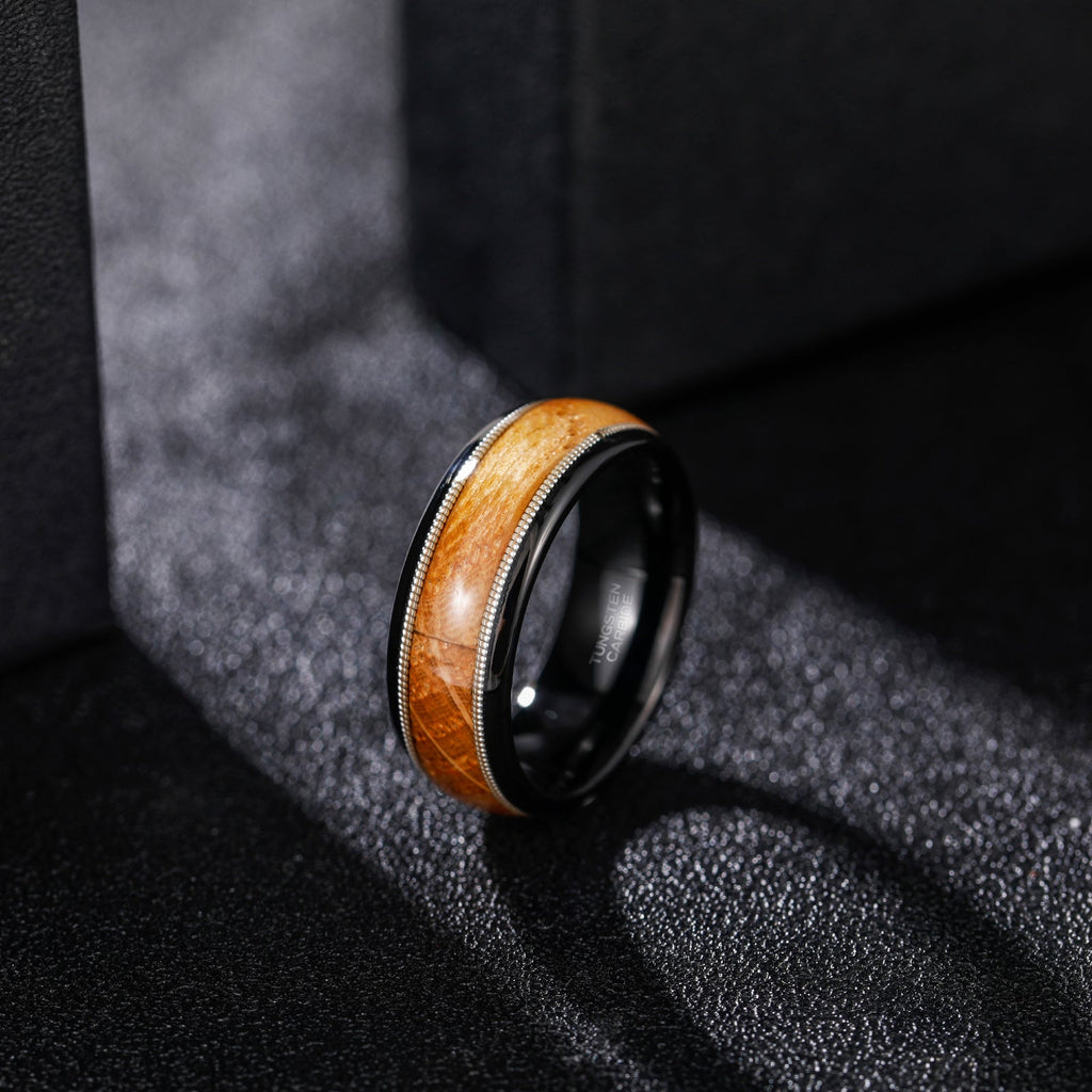 Fashion Male Jewelry 8mm Dual Silver Guitar String and Barrel Wood Tungsten Carbide Rings for Men Wedding Engagement