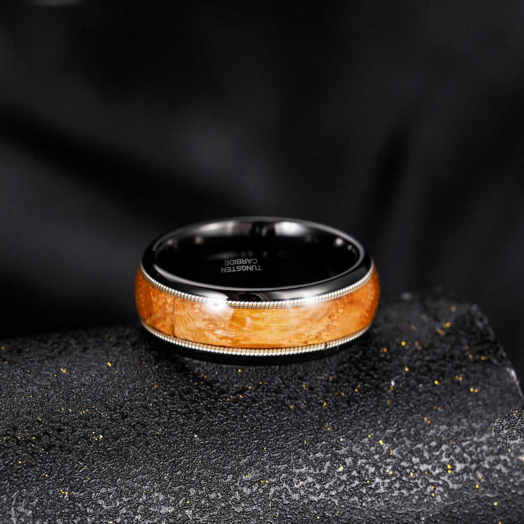 Fashion Male Jewelry 8mm Dual Silver Guitar String and Barrel Wood Tungsten Carbide Rings for Men Wedding Engagement