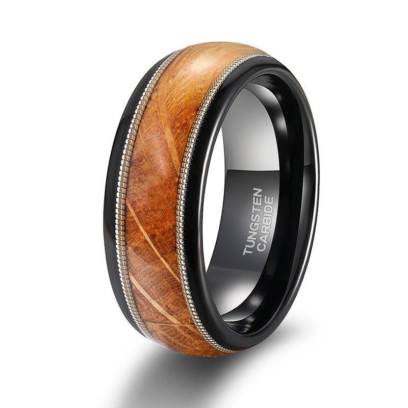 Fashion Male Jewelry 8mm Dual Silver Guitar String and Barrel Wood Tungsten Carbide Rings for Men Wedding Engagement