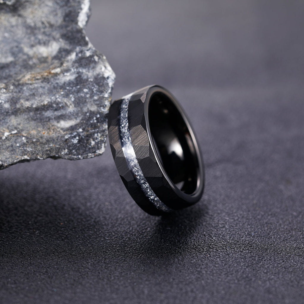 Fashion Male Jewelry 8mm Hammered Aluminum Slag Inlay Black Tungsten Carbide Rings for Men