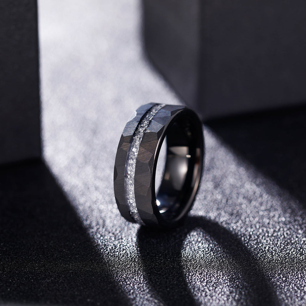 Fashion Male Jewelry 8mm Hammered Aluminum Slag Inlay Black Tungsten Carbide Rings for Men