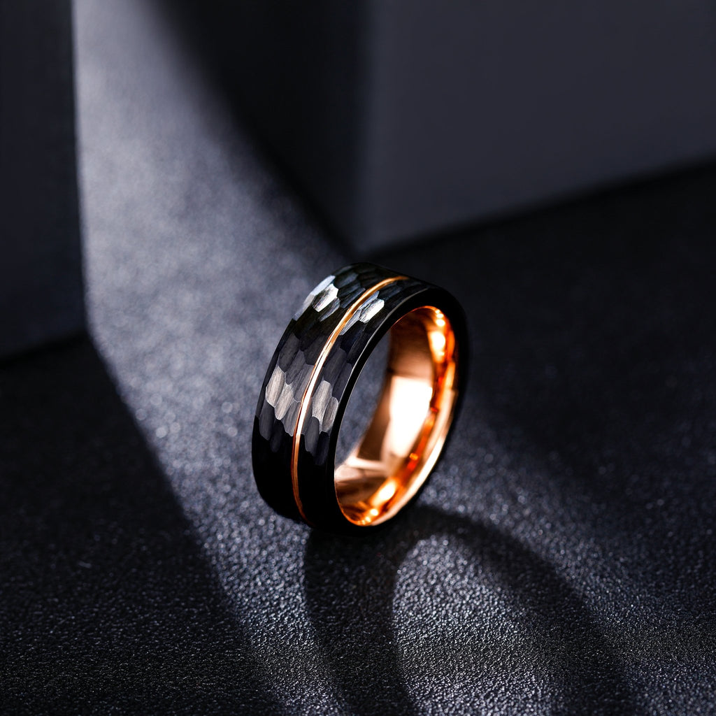 Fashion Male Jewelry 8mm Hammered Grooved Rose Gold Plated Tungsten Carbide Rings for Men Wedding Gift
