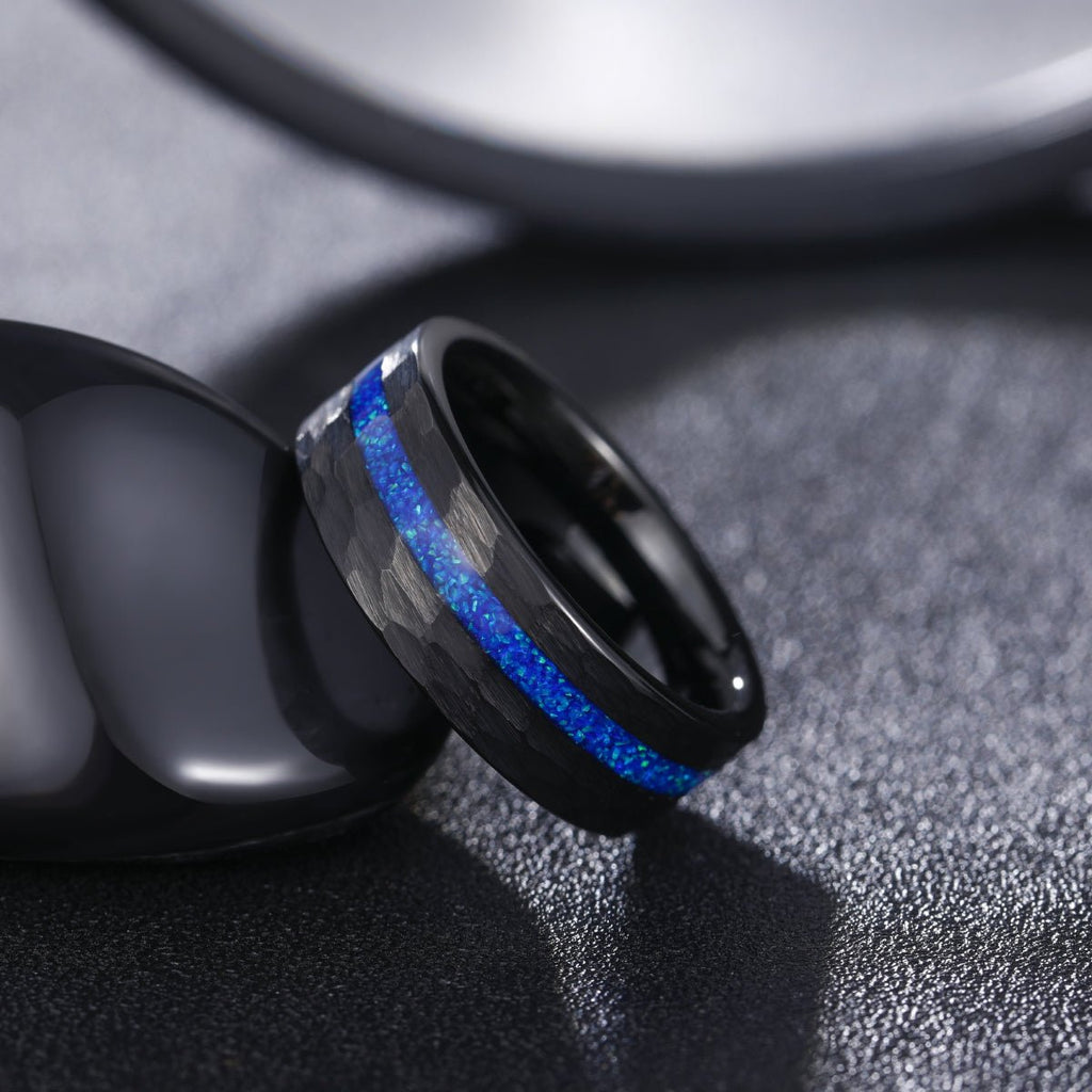 8mm Blue Opal Inlaid Hammered Pattern Tungsten Carbide Ring for Men
