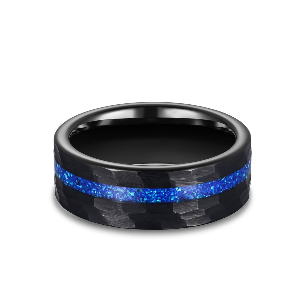 8mm Blue Opal Inlaid Hammered Pattern Tungsten Carbide Ring for Men