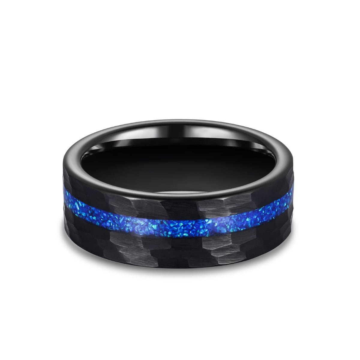 8mm Blue Opal Inlaid Hammered Pattern Tungsten Carbide Ring for Men