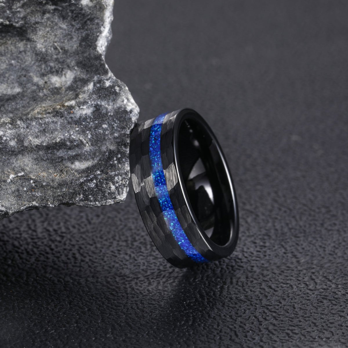 8mm Blue Opal Inlaid Hammered Pattern Tungsten Carbide Ring for Men