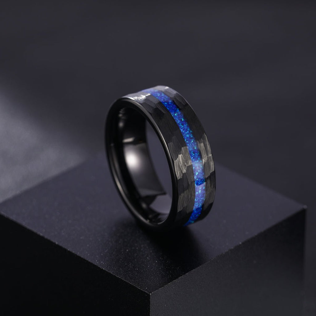 8mm Blue Opal Inlaid Hammered Pattern Tungsten Carbide Ring for Men