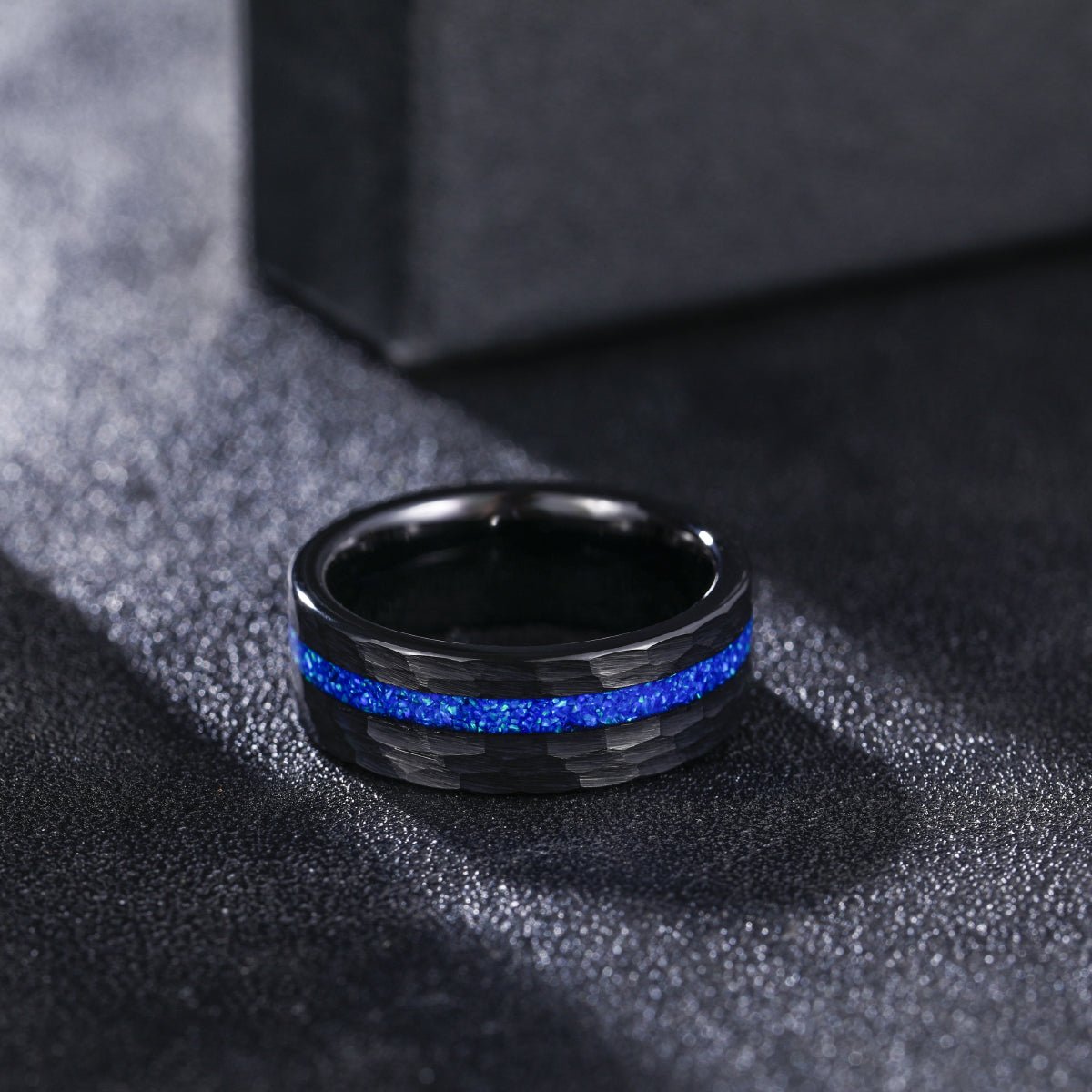 8mm Blue Opal Inlaid Hammered Pattern Tungsten Carbide Ring for Men