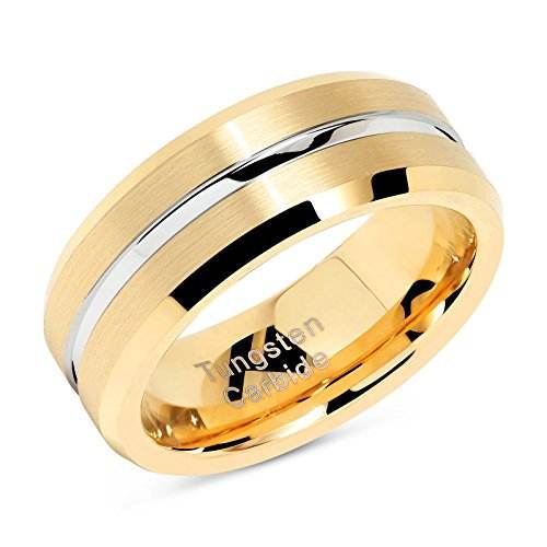 Wholesale Men's 8mm Band Silver Strip Grooved Gold Plated Tungsten Carbide Ring
