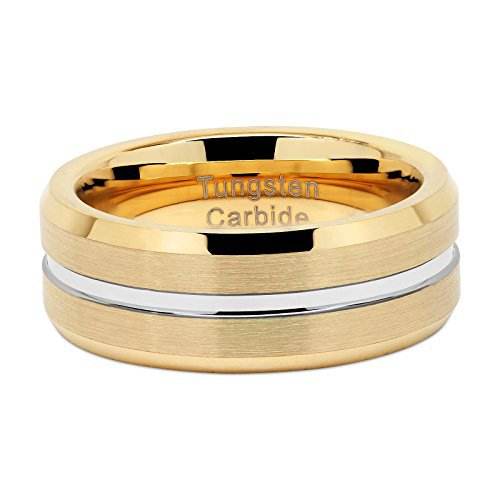 Wholesale Men's 8mm Band Silver Strip Grooved Gold Plated Tungsten Carbide Ring