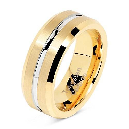 Wholesale Men's 8mm Band Silver Strip Grooved Gold Plated Tungsten Carbide Ring